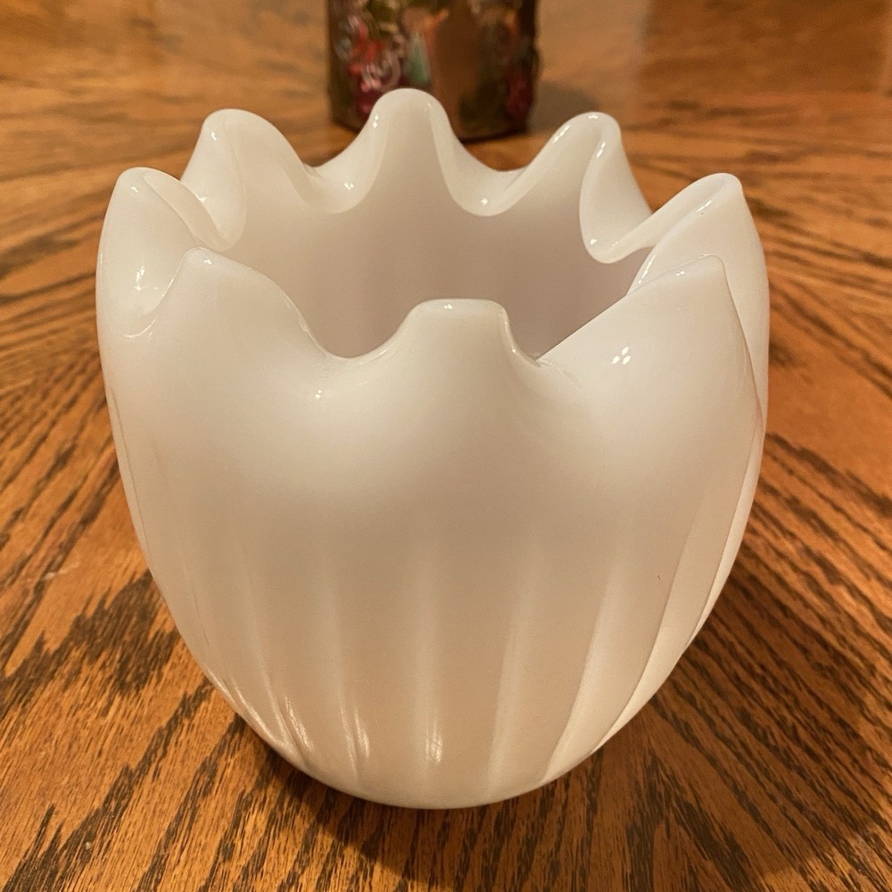 Mid Century MCM White Milk Glass Rose Bowl Vase Ribbed Crimped Pinch Ruffled Top